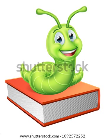 A cute caterpillar bookworm worm cartoon character education mascot sitting on a book