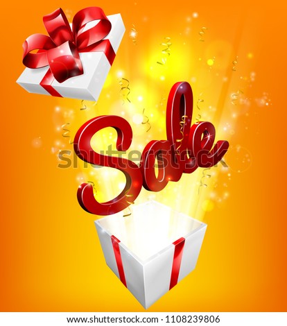 A sale sign flying out of a gift box with orange and yellow background