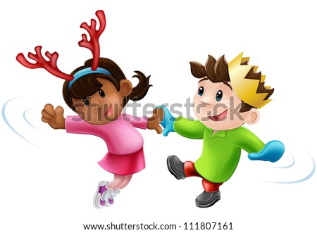 Cartoon of two children or young people in seasonal Christmas outfits having fun dancing