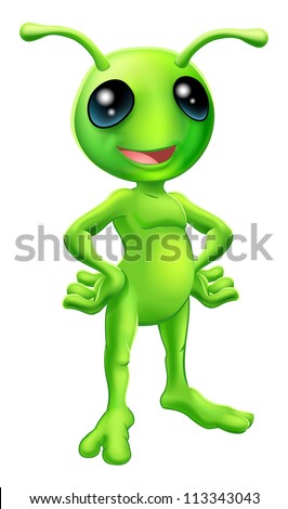 Cartoon Green Happy Friendly Alien Standing With His Hands On His Hips ...