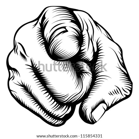 Retro black woodcut print style hand pointing finger at viewer, from front