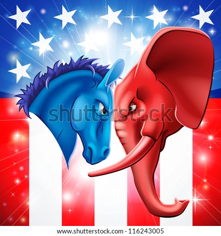 American politics concept illustration of a donkey and elephant facing off. Symbols of Democrat and Republican two US parties. Could be for presidential debate, partisan politics, or just an election