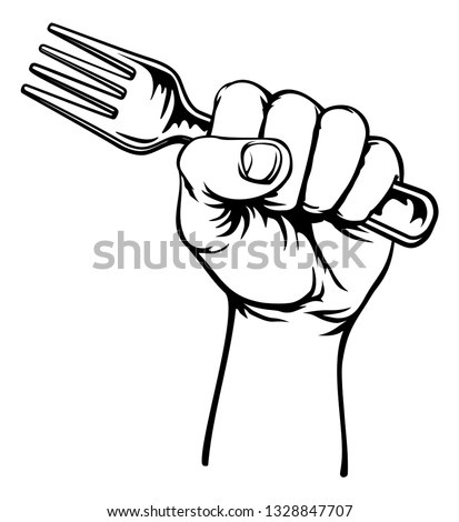 A fist hand holding a fork in a vintage intaglio woodcut engraved or retro propaganda style Stockfoto © 