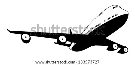 A black and white illustration of a stylised commercial jet plane