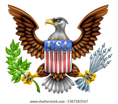 American Eagle Design with bald eagle like that found on the Great Seal of the United States holding an olive branch and arrows with American flag shield reading USA