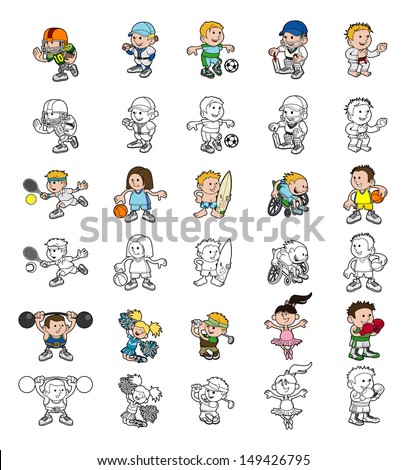 A set of cartoon people or children playing sports. Color and black and white outline versions.