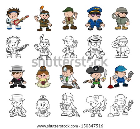 A set of cartoon people or children playing dress up. Includes color and black and white outline versions.