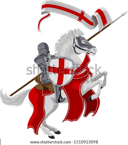 St George the medieval knight and patron Saint of England celebrated on saint Georges day riding his white rearing horse with a spear, shield and banner