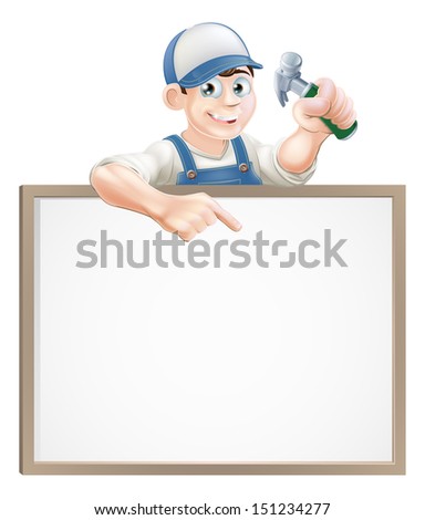 A carpenter or builder holding a claw hammer and peeking over a sign and pointing