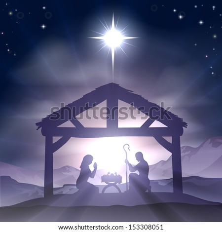 Christmas Christian nativity scene with baby Jesus in the manger in silhouette, and star of Bethlehem