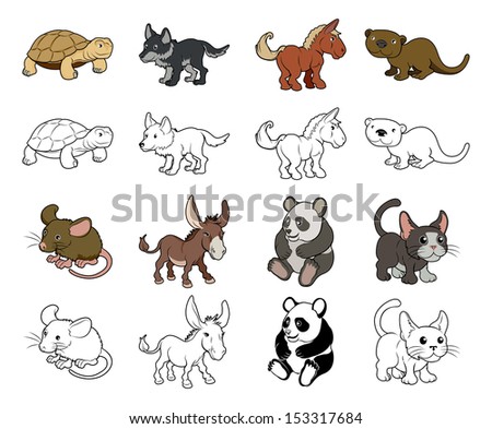 A Set Of Cartoon Animal Illustrations. Color And Black An White Outline