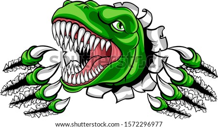 A dinosaur T Rex or raptor cartoon animal mascot tearing or ripping through the background