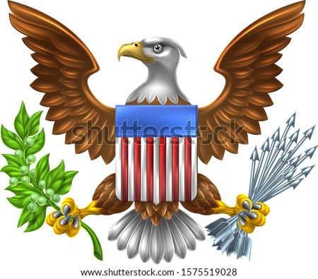 American Eagle Design with bald eagle like that found on the Great Seal of the United States holding an olive branch and arrows with American flag shield
