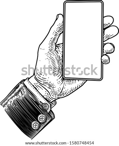  A hand holding a mobile phone in a business suit in a vintage old woodcut etching style
