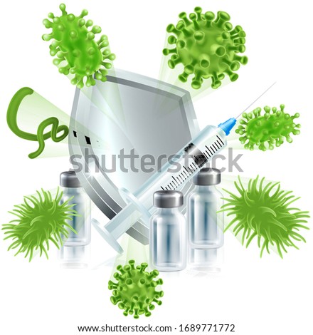 A syringe injection and vial bottle with shield deflecting bacteria or virus cells. Medical concept for immunisation protection from a vaccine, herd immunity or other medicine.
