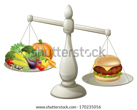 Healthy eating will power concept, healthy food on one side of scales and fast food burger on the other. Burger is weighing more.
