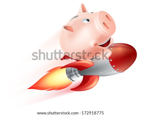 An illustration of a piggy bank riding on a rocket flying through the air
