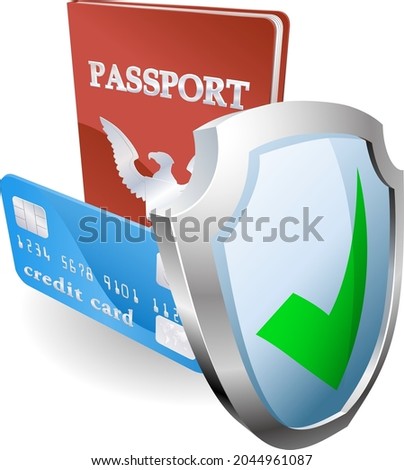 Personal identity documents with shield icon indicating they are protected, safe, secure or insured.