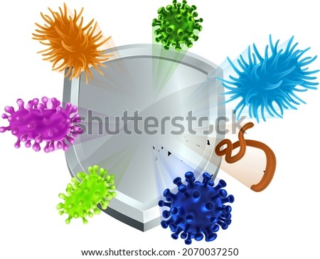 A shield deflecting bacteria or virus cells. Medical concept for immunization protection from a vaccine vaccination, herd immunity or other.