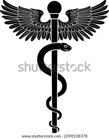 Rod of Asclepius or Aesculapius doctor medical symbol, often mislabelled as a caduceus. Features a snake curled around a staff. Also in this case features wings.