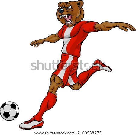 A bear soccer football player cartoon animal sports mascot kicking the ball