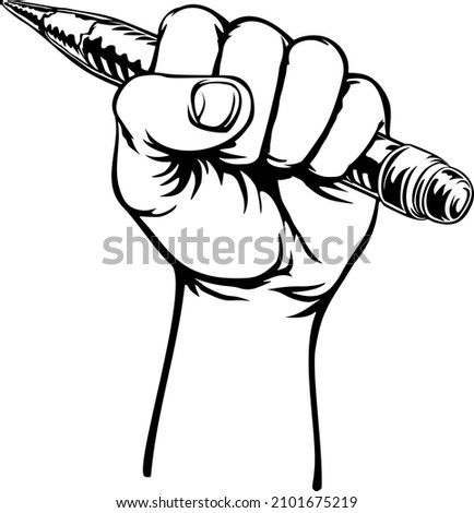 A fist hand holding a pencil in a vintage intaglio woodcut engraved or retro propaganda style Stockfoto © 