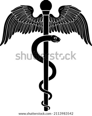 Rod of Asclepius or Aesculapius doctor medical symbol, often mislabelled as a caduceus. Features a snake curled around a staff. Also in this case features wings.