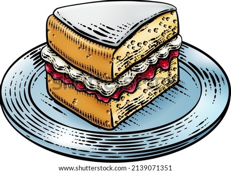 A sponge slice cake with jam and cream illustration drawing in a woodcut retro etching style.