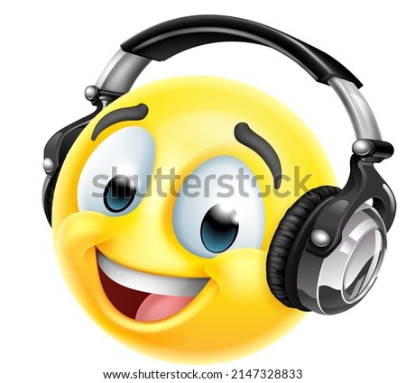 A cartoon emoticon face icon wearing music headphones, possibly a DJ