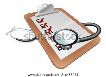 Cliboard and Stethoscope concept relating to medical test results, hospital administration, feedback or similar