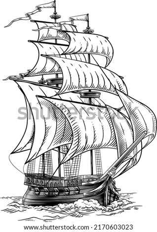 An original illustration of an old fashioned sailing ship or boat in a vintage etching woodcut style. Stockfoto © 