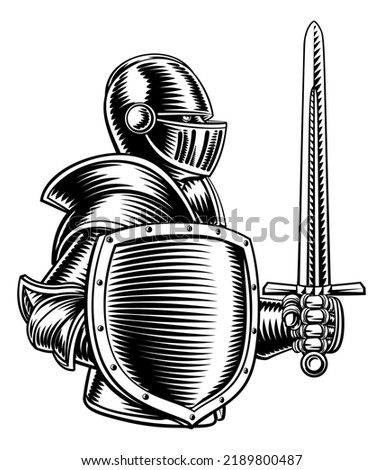 An original illustration of a medieval knight with sword and shield. In a vintage engraved etching woodcut style. Stockfoto © 