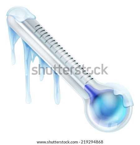 An illustration of a cold frozen thermometer in low temperature with ice, snow and stalactites