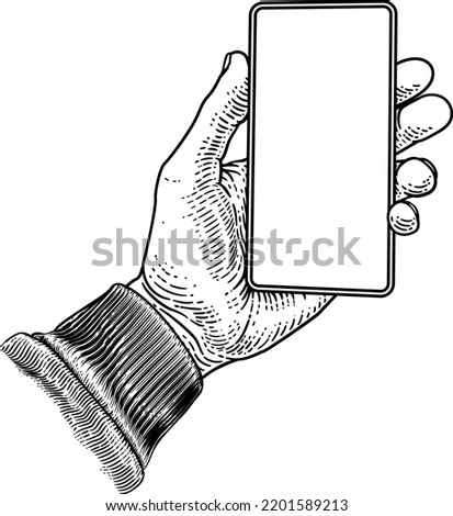 A hand holding a mobile phone iin a vintage old woodcut etching style