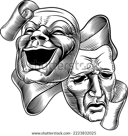 Theater or theatre drama comedy and tragedy masks in a vintage woodcut etching style Stockfoto © 