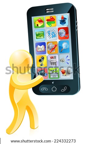 Illustration of a gold man holding a big cell phone