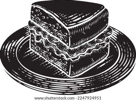 A sponge slice cake with jam and cream illustration drawing in a woodcut retro etching style.