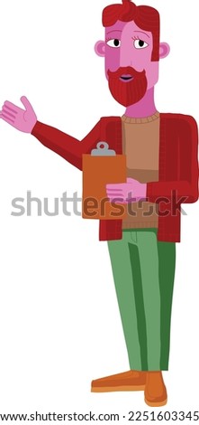 A man with a clipboard pointing out or showing something business illustration. In an original abstract cubist flat modern cartoon style. 