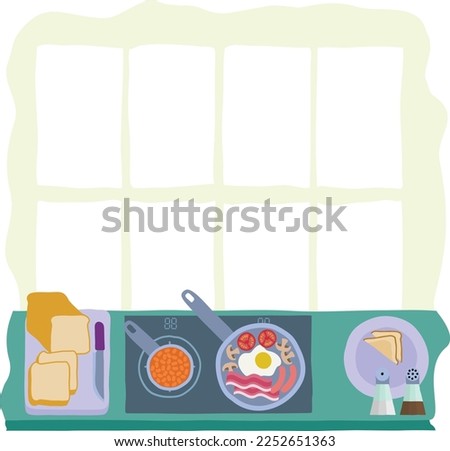 Food scene of cooking or preparing a full English fried breakfast in a kitchen in an abstract cubist flat modern cartoon style