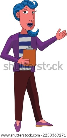 A woman with a clipboard pointing out or showing something business illustration. In an original abstract cubist flat modern cartoon style. 