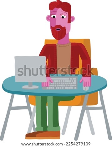 A man working behind desk with a computer workstation in an original abstract cubist flat modern cartoon style. 