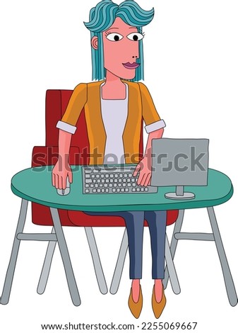 A woman working behind desk with a computer workstation in an original abstract cubist flat modern cartoon style. 