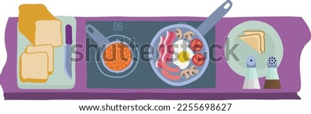 Food scene of cooking or preparing a full English fried breakfast in a kitchen in an abstract cubist flat modern cartoon style