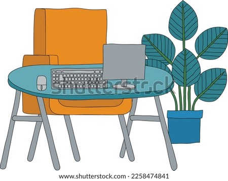 An office or home business scene with a desk and computer workstation in an abstract cubist flat modern cartoon style