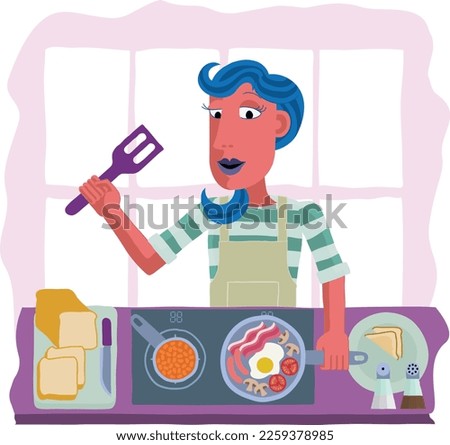 Food scene of a woman cooking or preparing a full English fried breakfast in a kitchen. In an abstract cubist flat modern cartoon style