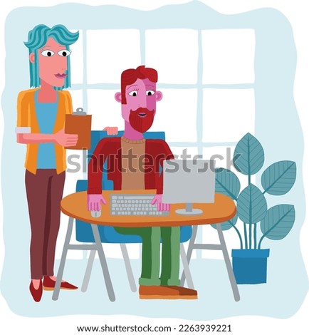 A woman and a man at work business illustration of an office scene with a computer workstation. In an original abstract cubist flat modern cartoon style. 