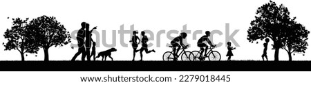 Scene of silhouette people in park or outdoor setting exercising enjoying nature. Family are walking dog. Runners running or jogging. Cyclists cycling bikes or bicycles and children playing ball game