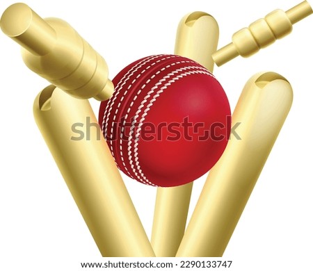 A red cricket ball knocking over wickets or stumps