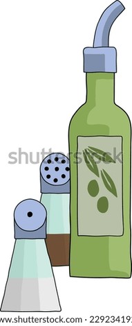 Bottle of olive oil with salt and pepper shakers illustration
