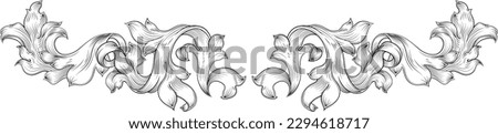 A crest or coat of arms filigree scroll heraldic or heraldry border band floral pattern design. Like that from a medieval baroque royal crest, in a woodcut etching style